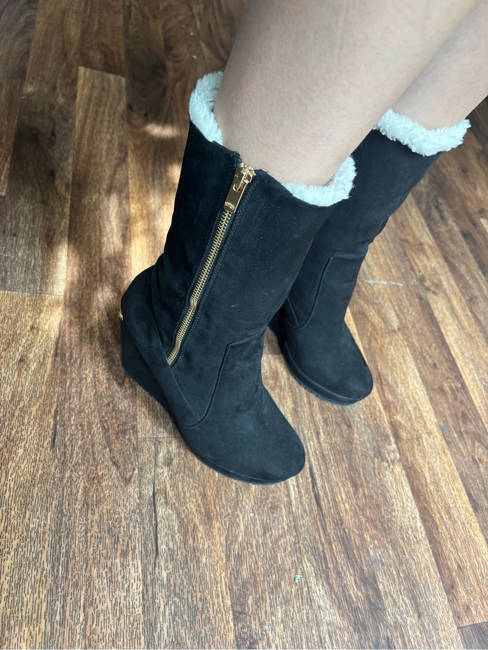 Juicy Couture Black Faux-Suede Mid-Calf Boots with White Faux-Fur Trim